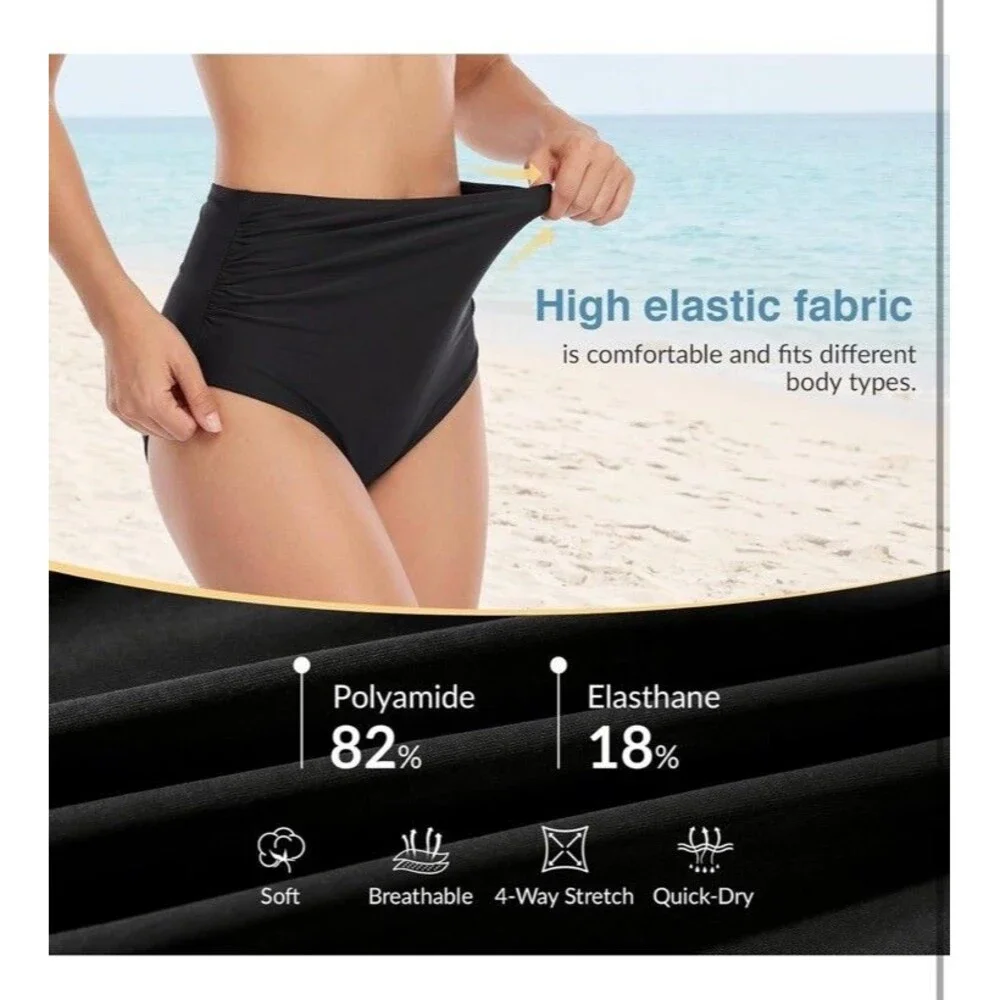 Womens High Waisted Bikini Bottoms Tummy Control Swim Bottom Ruched Full Cove...